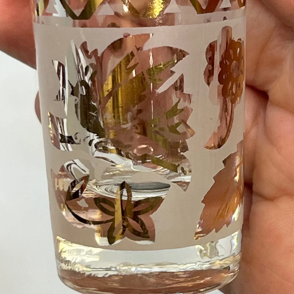 Vintage Decanter Set glenshaw‎ Gold Leaf Glass 6 Shot Glasses Brass Caddy mcm